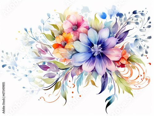 Colorful flowers arrangement illustration in style of watercolor with splashes on white background