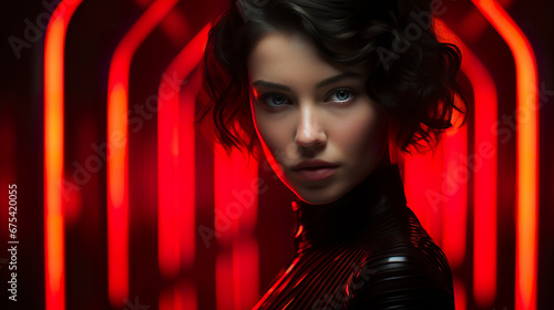 A woman in a reddish environment immersed in a luxurious geometric aesthetic. Portrait of a woman in intricate details and modern composition that conveys refinement.