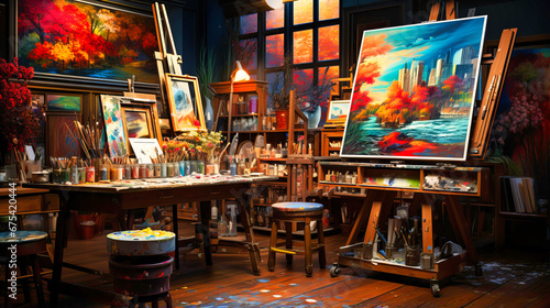 Art studio cluttered with paintbrushes, canvases, and vibrant pigments