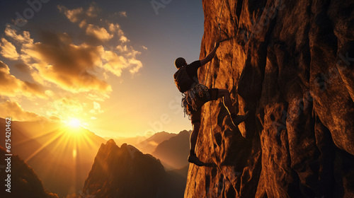 At sunset, one man climbs a mountain and climbs a rock wall. generative AI photo