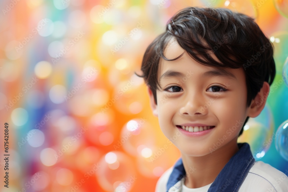 happy smiling asian child boy on colorful background with rainbow soap balloon with gradient happy smiling asian child boy on colorful background with rainbow soap balloon with gradient
