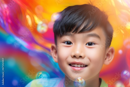 happy smiling asian child boy on colorful background with rainbow soap balloon with gradient