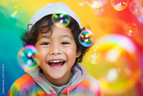 happy smiling asian child boy on colorful background with rainbow soap balloon with gradient