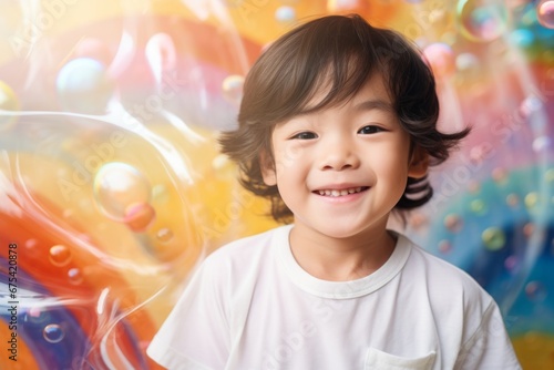 happy asian child boy on colorful background with rainbow soap balloon with gradient
