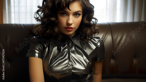 A woman with black curly hair in an artistic touch. Woman wearing black latex clothing in style and audacity celebrating individuality and unique expression.