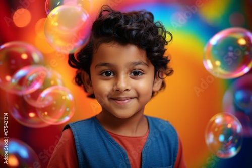 happy indian child boy on colorful background with rainbow soap balloon with gradient
