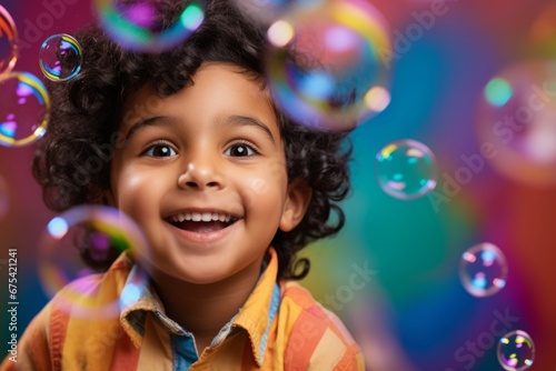 happy smiling indian child boy on colorful background with rainbow soap balloon with gradient