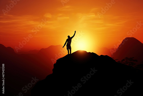 Silhouette of a Man Jumping at Sunset or Sunrise over a Cliff from Mountain Top