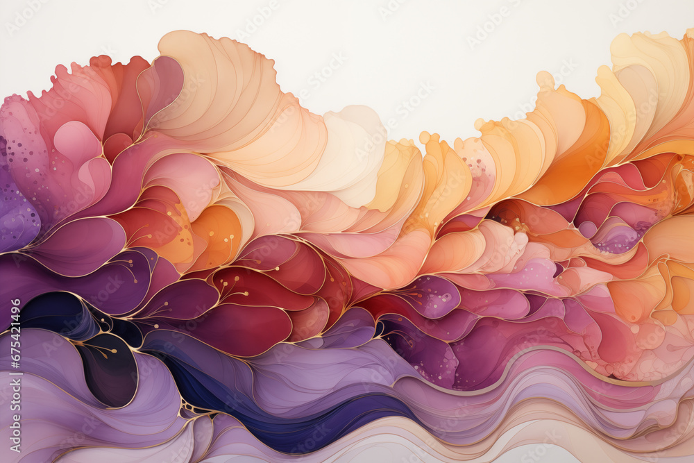 Abstract floral muted mauve, pink, purple, yellow background. Flowing wavy special effect rose petals waves fantasy backdrop. Magic modern art, feminine waves design for copy space banner - obrazy, fototapety, plakaty 