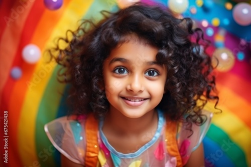 happy indian child girl on colorful background with rainbow soap balloon with gradient