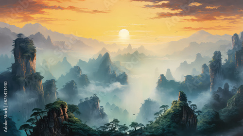 illustration painting of Beautiful natural landscape of Zhangjiajie National Forest Park at sunset, Hunan Province, China. photo