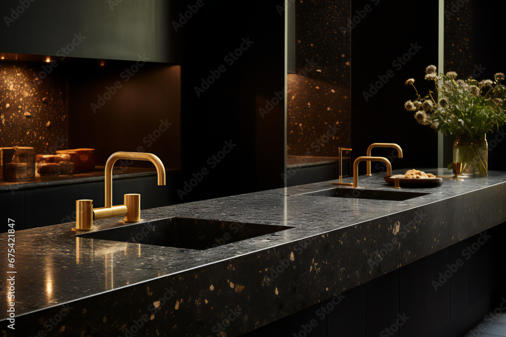 A kitchen sink in a luxurious house made of black terrazzo with gold