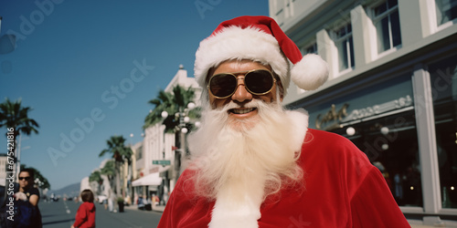 Portrait of a man dressed in Santa Claus Costume with Sunglasses in sunny Los Angeles, USA © J. Grayscale