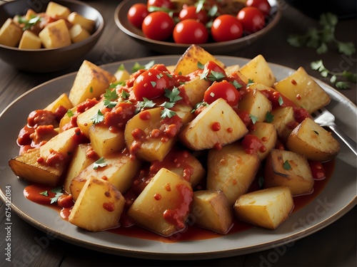 A high-resolution photograph capturing the vibrant colors and textures of a plate of Patatas Bravas Generative AI