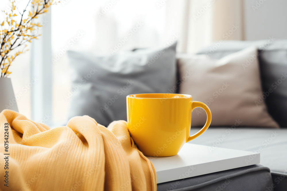 breakfast with coffee in bed. Yellow coffee mug, cozy yellow blanket at a sofa in a living room with big bright window. Home modern interior. breakfast with coffee in bed. Yellow coffee mug, cozy yellow blanket at a sofa in a living room with big bright window. Home modern interior.