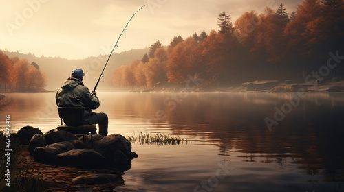 Generative AI, Fishing with rods on autumn landscape near the river, fisherman with spinning, muted colors