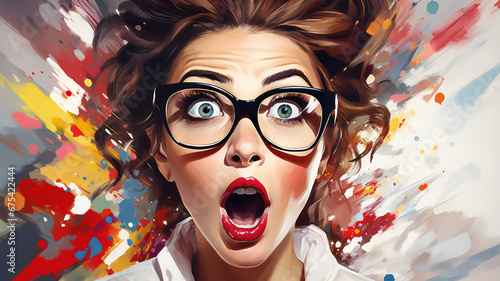 Young surprised woman in eyeglasses with shopping bags in her hands. Shopping, sale concept. People emotions. Black Friday. Illustration poster.  photo