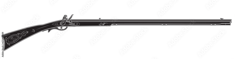 Illustration of Traditional American flintlock long rifle Frontier. Black. Right side. - obrazy, fototapety, plakaty 