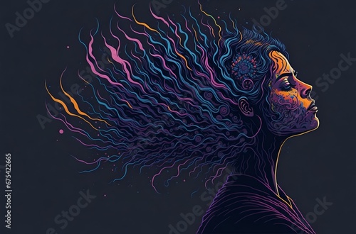 A dark color illustration of a girl hearing sounds and hallucinations with dark gray background. auditory hallucinations perceptual disturbance. schizophrenia. mental health conditions.