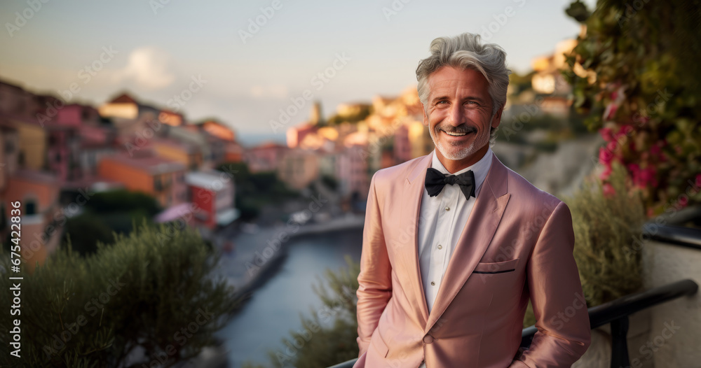 An adult, smiling, elegant man in a tuxedo poses against the backdrop of an Italian landscape. An adult, smiling, elegant man in a tuxedo poses against the backdrop of an Italian landscape.
