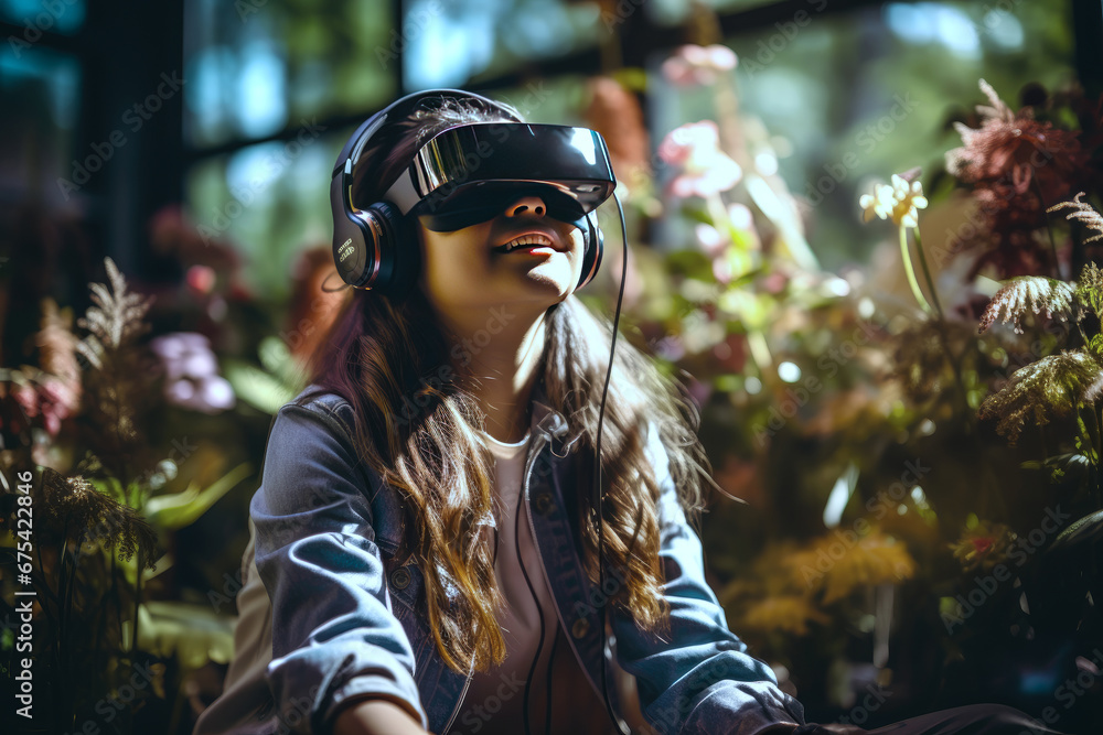 Girl student using modern tech devices in the library, a laptop and VR headset. Concepts of virtual reality experience in education - obrazy, fototapety, plakaty 