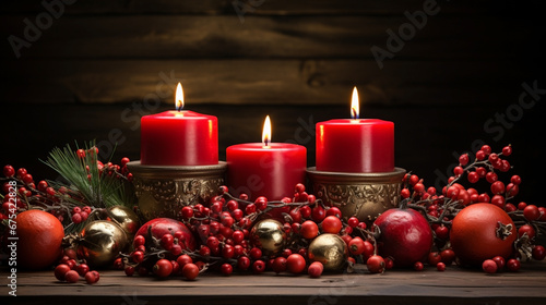 Wide horizontal luxury Christmas banner with red and gold candles and gifts