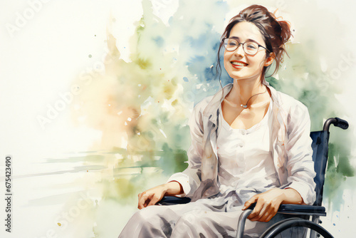 woman in the park. happy woman in glasses sitting in wheelchair widening arms on isolated white background. Illustration.  photo