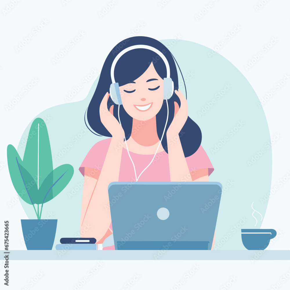 a woman listing song flat simple vector illustrations on white background a woman listing song flat simple vector illustrations on white background