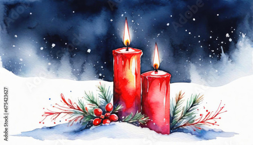 Two beautiful christmas candles in the snow with copy space digital art photo