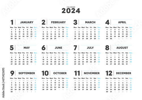 2024年のシンプルな年間カレンダー - 月曜始まり･12ヶ月･1年分の暦 - A判比率 