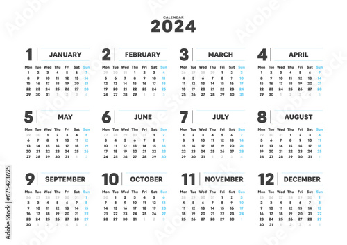 2024年のシンプルな年間カレンダー - 月曜始まり･12ヶ月･1年分の暦 - A判比率
