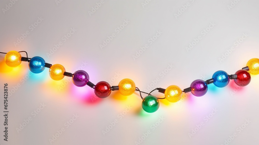 Glowing Garland Balls and Festive Decor on Light Background - Festive Season Illumination for Christmas Celebrations Glowing Garland Balls and Festive Decor on Light Background - Festive Season Illumination for Christmas Celebrations