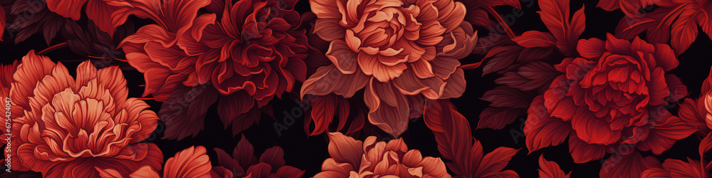 Seamless floral border with red and orange flowers on black background Seamless floral border with red and orange flowers on black background