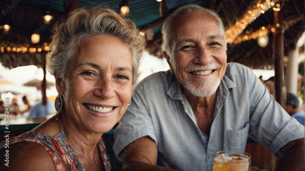 portrait of a mature caucasian spontaneous couple smiling in a restaurant outside on vacation, taking a selfie, concept of enjoyment in old age - obrazy, fototapety, plakaty 