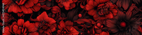 Seamless floral border with red flowers on black background