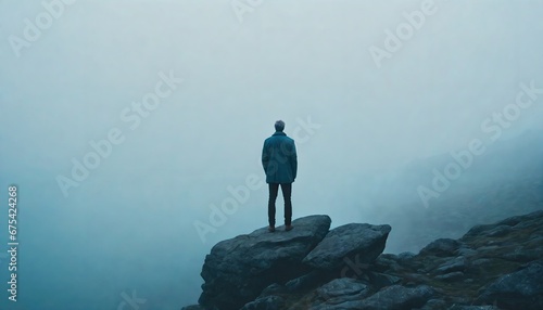 man back view in minimalistic blue-tinted landscape with fog over the rocks