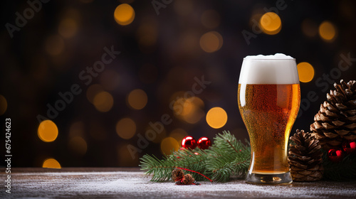 glass of beer, cones, Santa Claus hat, Christmas tree branch. ai generative
