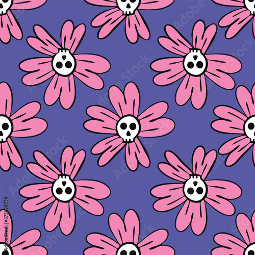 Halloween flower skulls seamless pattern