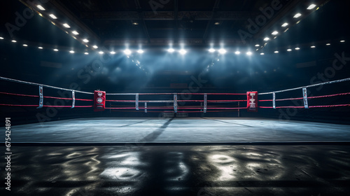 empty boxing ring on fight night. ai generative