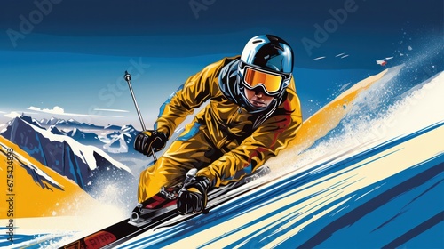 Futuristic athlete of the space skiing in alpine skiing, mountains in the background, winter olympics, blue and gold