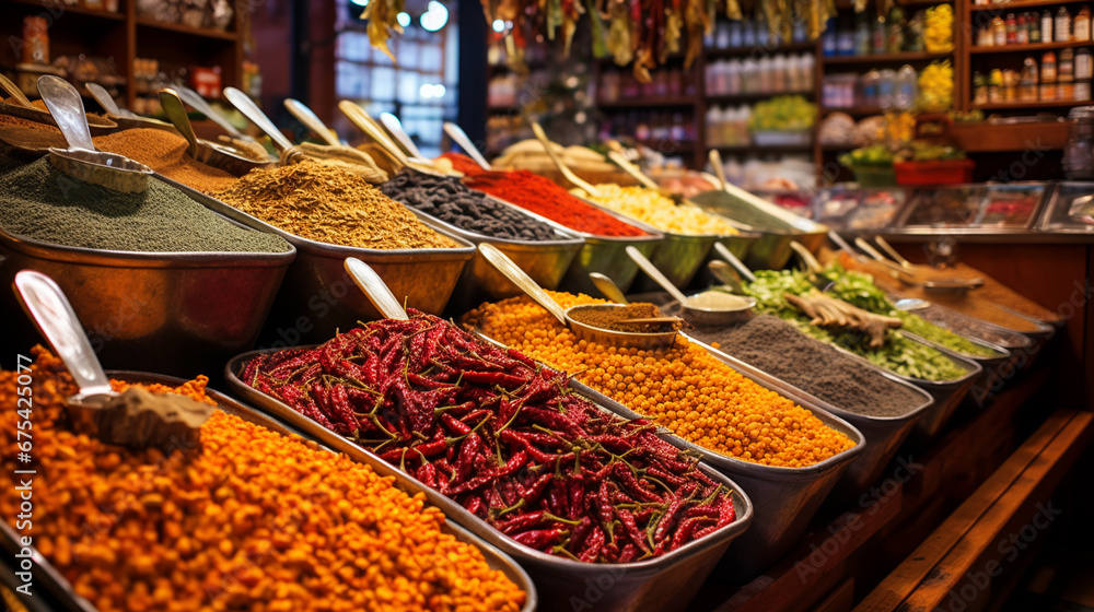 Obraz premium bazaar in istanbul with a wide view of spices on the counter. ai generative