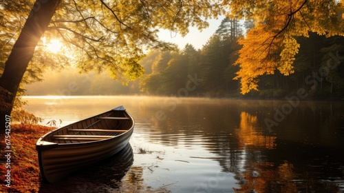 Landscape. A wooden boat floats on a lake surrounded by trees with orange-yellow leaves during sunset. photo