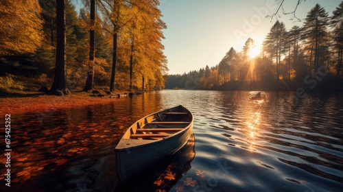 Landscape. A wooden boat floats on a lake surrounded by trees with orange-yellow leaves during sunset. © linen