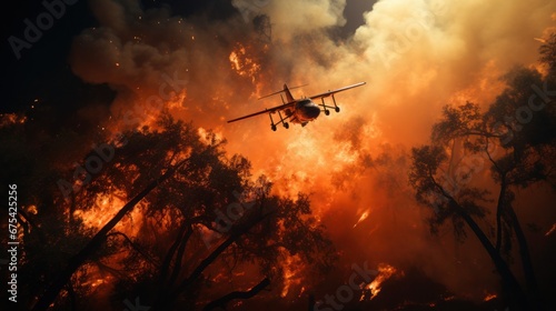 Firefighting aircraft in action against a devastating forest fire at dusk.