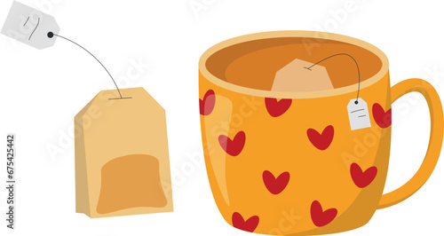 Bright and cozy vector illustration of a cup of tea with red hearts and a tea bag. Perfect for breakfast, tea party, cozy home scenes