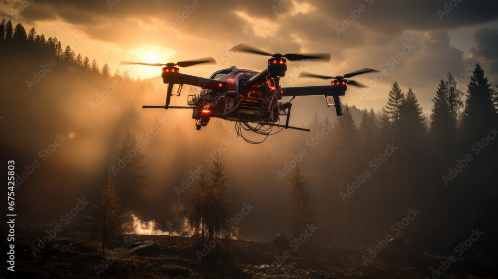 Airborne firefighting: Drone monitors devastating forest fire. Airborne firefighting: Drone monitors devastating forest fire.