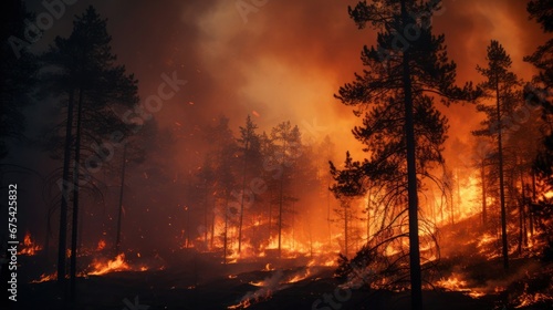 Devastating inferno engulfs the forest landscape in a blazing nightly storm