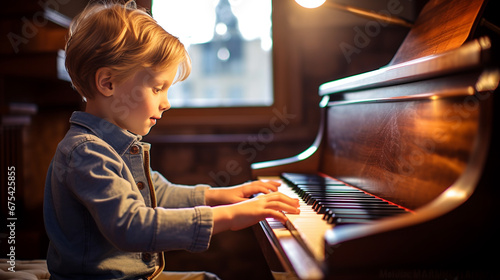 child learning to play a piano at home. ai generative