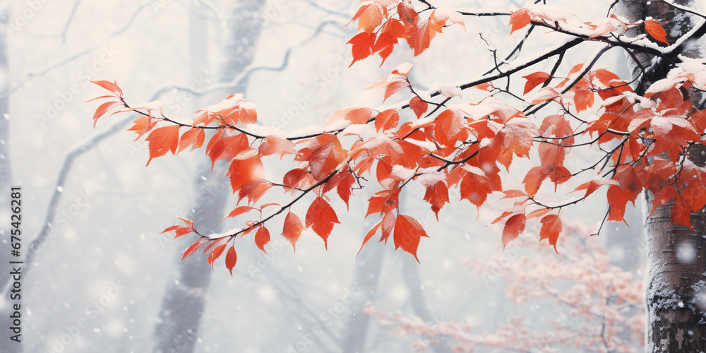 Autumn Foliage In The Snow Header. ai generative