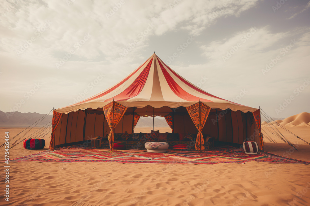 Arabian traditional tent showcasing Arab heritage fund in Saudi Arabia Desert. ai generative - obrazy, fototapety, plakaty 